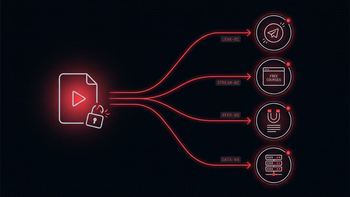 Map of where leaked Udemy courses spread — pirated course files flowing from one leak into Telegram channels, free-course clone sites, torrent indexes, and file hosts